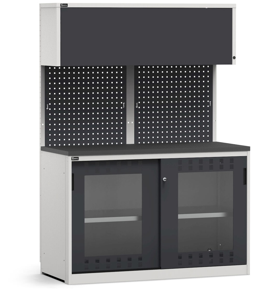 [GARAGE033] Modulo con armadio con ante scorrevoli fessurate in policarbonato, L 1428 mm (cod. GARAGE033)