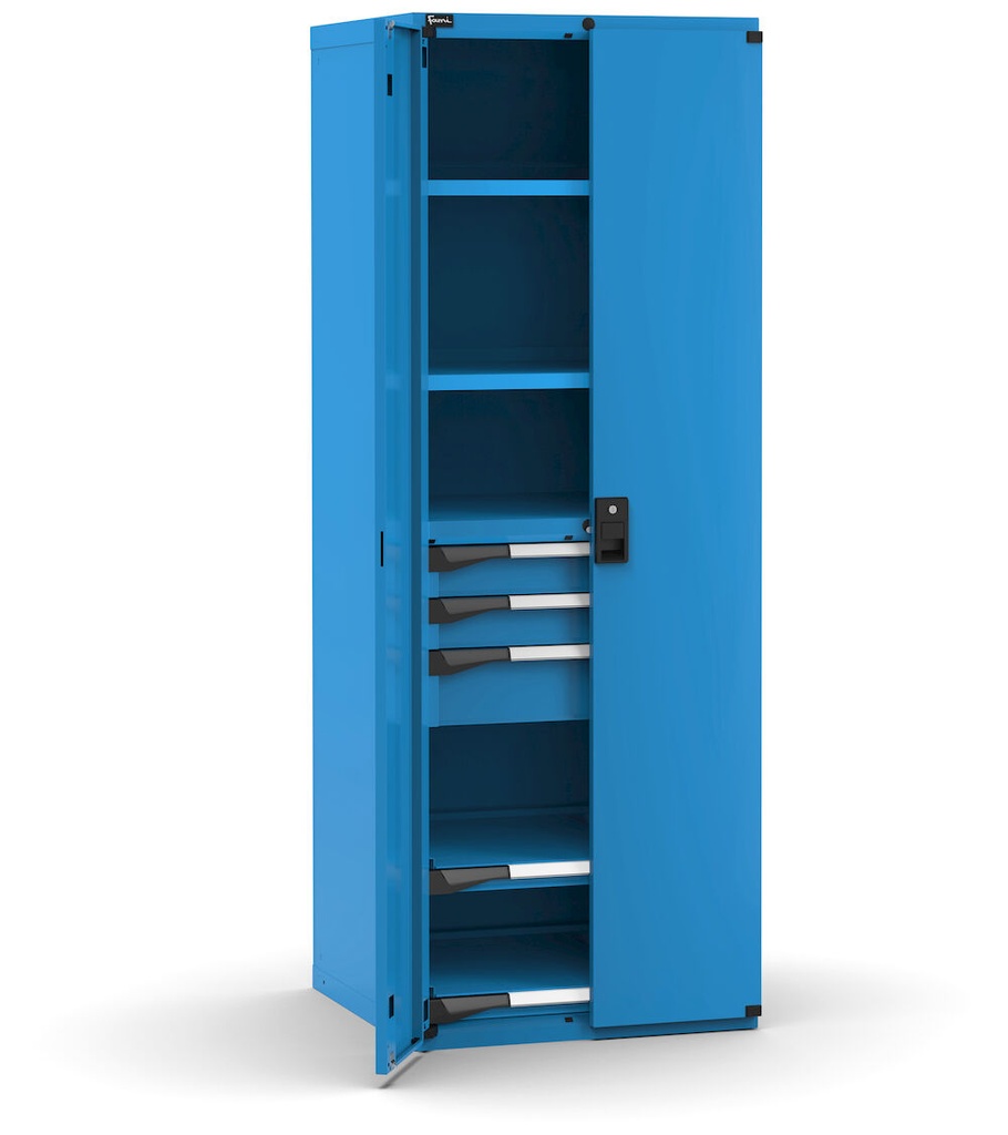 [M33A200C010FX04] Cassettiera Master con porte con 3 cassetti 2xPR 2x100 1x150 2xPE – H 2000 mm – 714 × 726 × 2000 mm (36×36 EH), Telescopica 100% – 200 kg, Blu (RAL 5012)