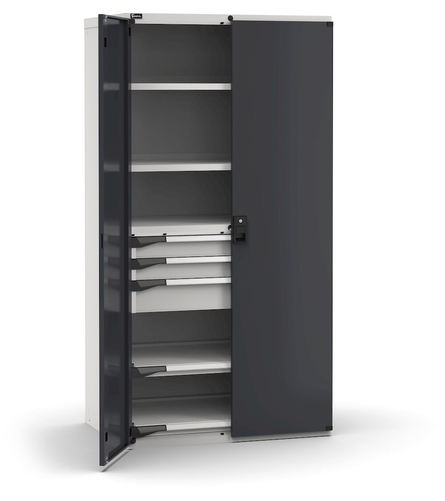 [M53A200C010FXPD] Cassettiera Master con porte con 3 cassetti 2xPR 2x100 1x150 2xPE – H 2000 mm – 1020 × 726 × 2000 mm (54×36 EH), Telescopica 100% – 200 kg, Grigio chiaro + Grigio antracite (RAL 7035+7016)
