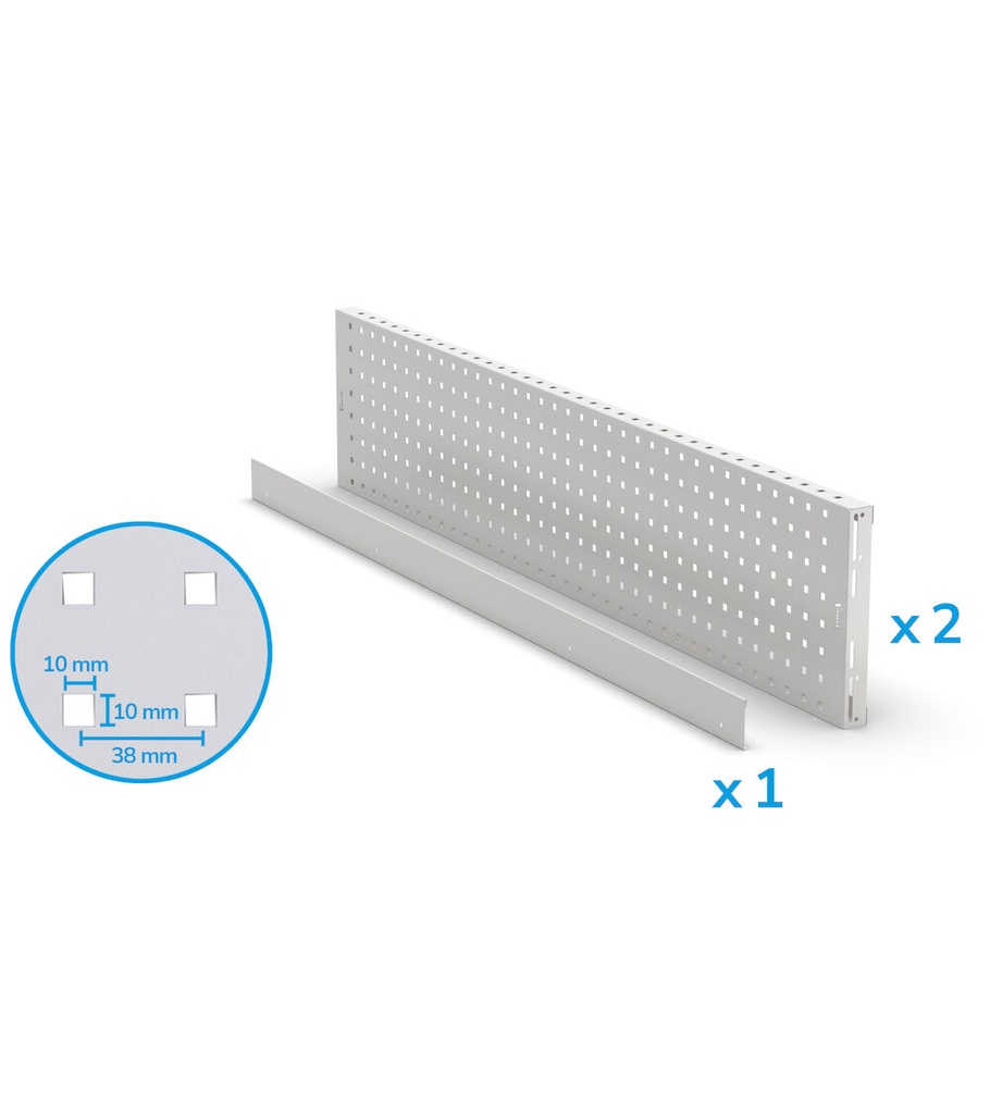 [FBL76310208] Kit 2 pannelli forati/mensole con 1 bordo fermacasse Work Look – 1438 × 40 × 304 mm, Grigio chiaro (RAL 7035)