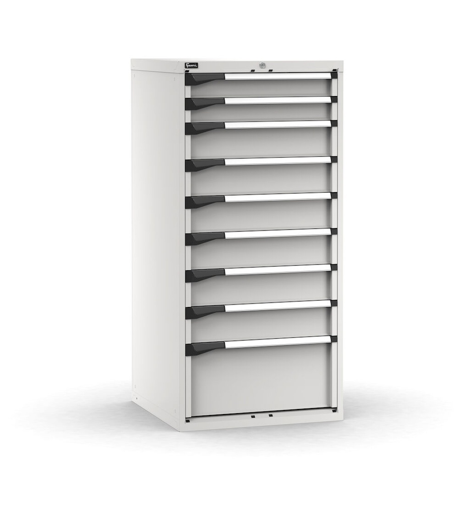 [M33A150C010FK08] Cassettiera Master con 9 cassetti 2x100 6x150 1x300 – H 1500 mm – 714 × 726 × 1500 mm (36×36 EH), Telescopica 100% – 200 kg, Grigio chiaro (RAL 7035)