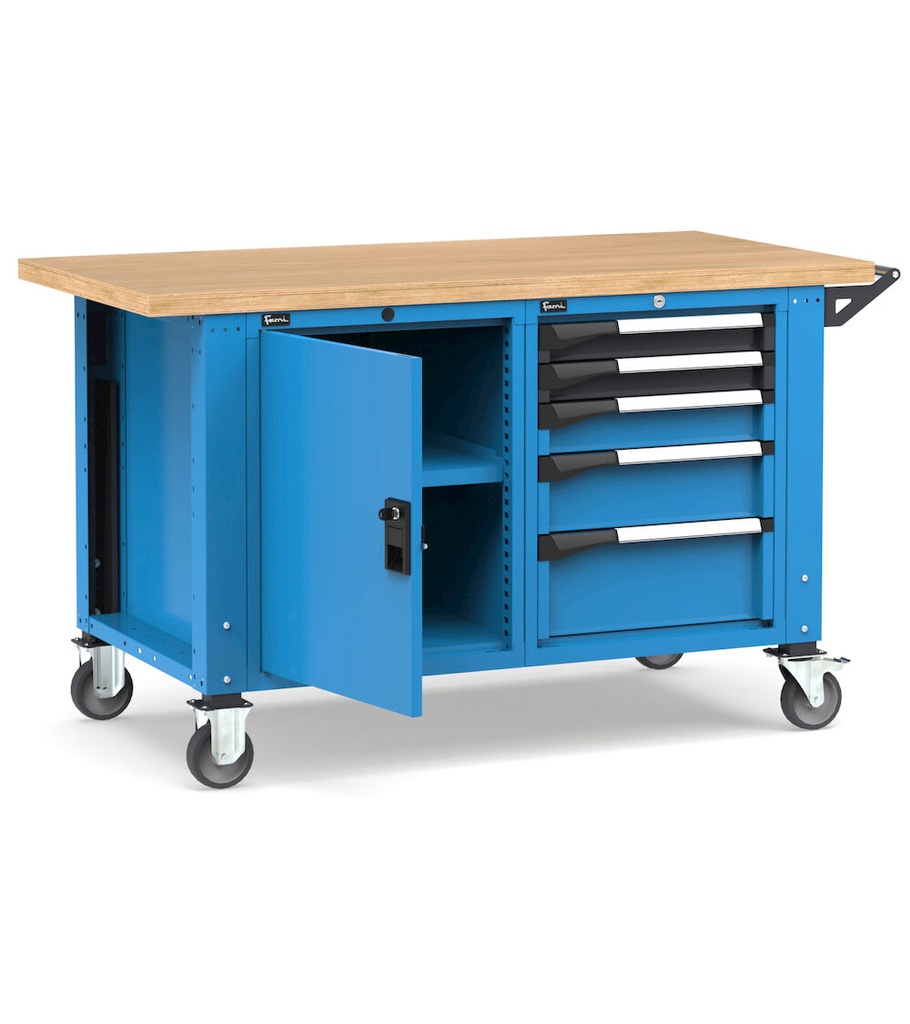 [MASTERMR1552] Banco con ruote con porta con 5 cassetti 2x75 1x100 1x150 1x200 1xPR Master – H 921/1271 mm – 1500 × 750 × 921/1271 mm, Blu + Grigio antracite (RAL 5012+7016)
