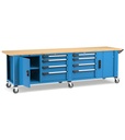 [MASTERMR3072] Banco professionale con ruote, 8 cassetti,  porta, ripiano regolabile, morsa e allacciamenti, 300 cm, blu e antracite