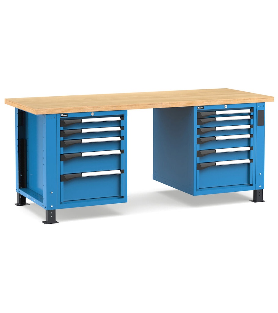 [MASTERWR2064] Banco con 11 cassetti 1x50 4x75 3x100 1x150 2x200 Master – H 765/1115 mm – 2000 × 750 × 765/1115 mm, Blu + Grigio antracite (RAL 5012+7016)