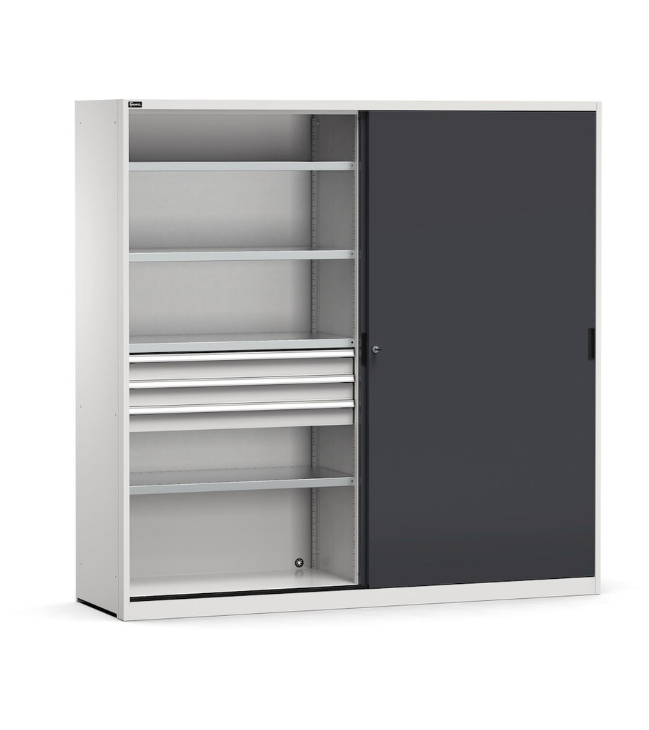 [PERFOM21010] Armadio metallico 2 ante scorrevoli con cassetti e piani, L2040 x P600 x H2000 mm, RAL 7035 + 7016