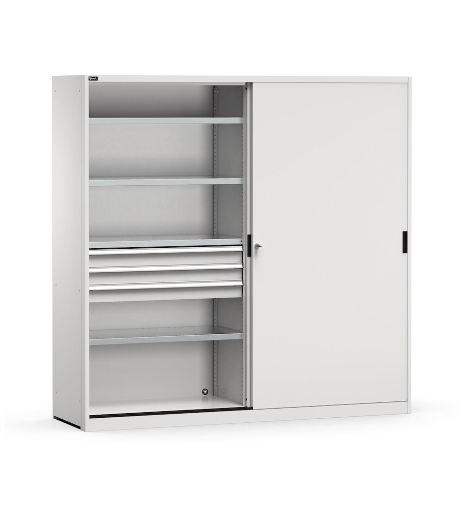 [PERFOM21011] Armadio metallico 2 ante scorrevoli con cassetti e piani, L2040 x P600 x H2000 mm, RAL 7035