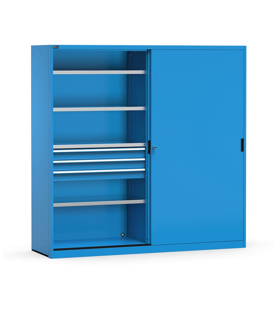 [PERFOM21012] Armadio metallico 2 ante scorrevoli con cassetti e piani, L2040 x P600 x H2000 mm, RAL 5012