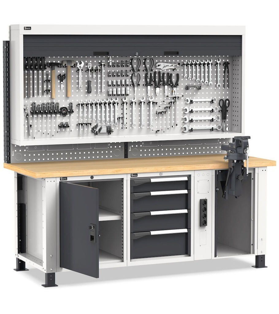 [MASTERWR2081] Banco professionale con 4 cassetti, anta, morsa e accessori, 200 cm, grigio e antracite