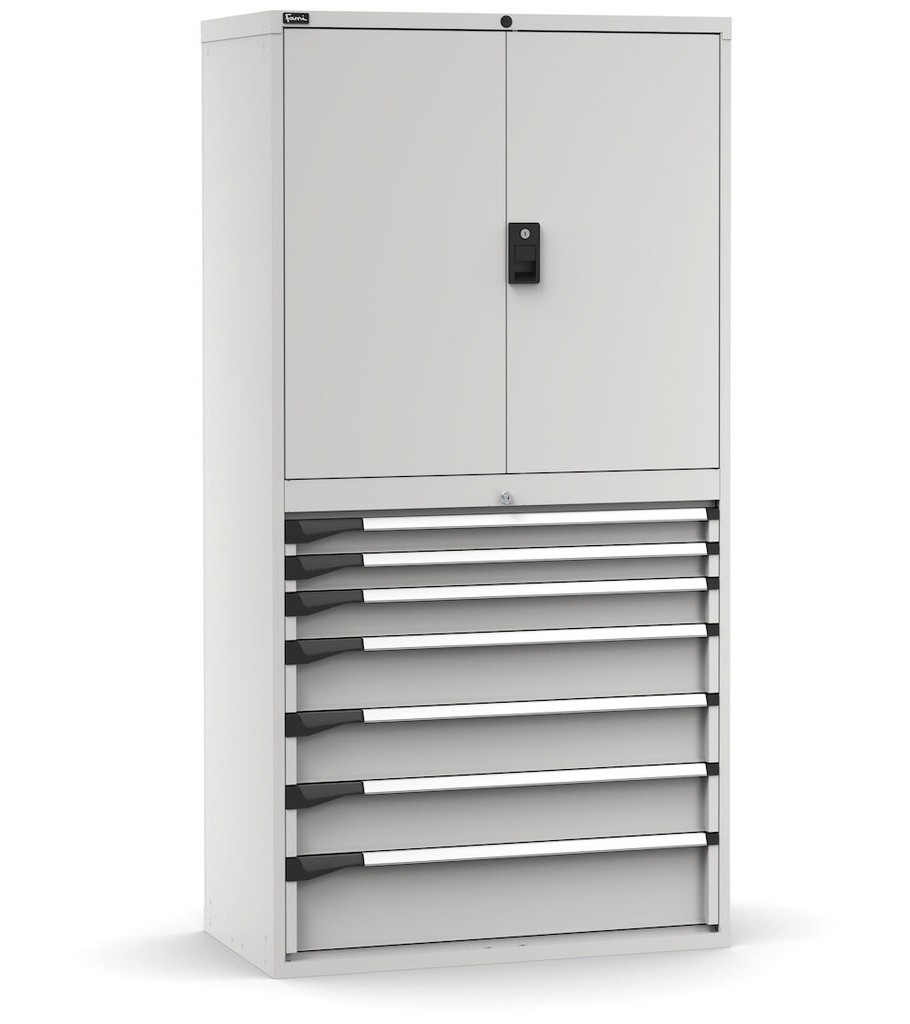Armadio portautensili con porte a 7 cassetti, 3 piani regolabili, L1020 x P573 x H2000 mm – Grigio chiaro (RAL 7035) – 1020 × 573 × 2000 mm – foto 2