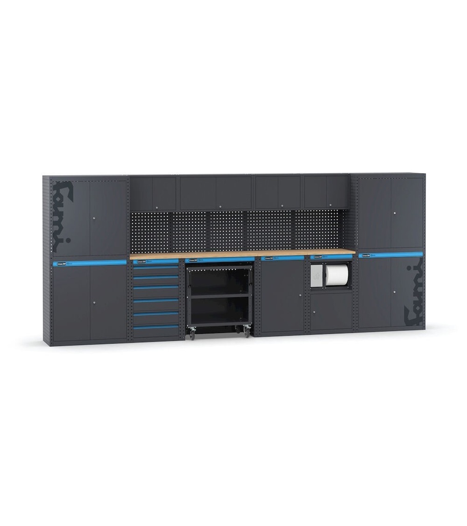 [391G13] Arredo officina con armadi ad anta, cassettiera, carrello e modulo di servizio, L4560 x P495 x H1900 mm