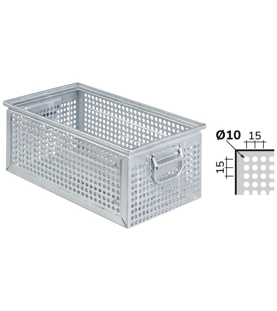 [FLA65150A99] Cassetta metallica forata con maniglie, mis. 272-4, ⌀ foro 10 mm,  L480 x P315 x H200 mm