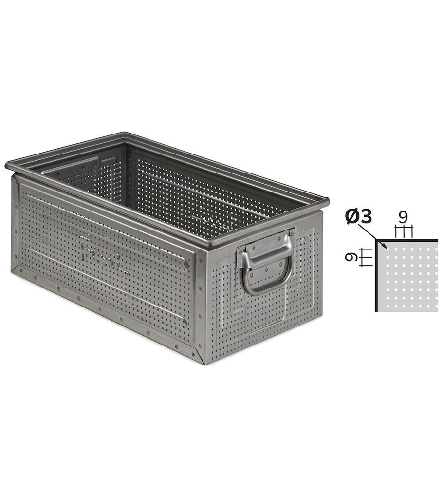 [FLA65100AZZ] Cassetta in acciaio inox forata con maniglie, mis. 272-4, ⌀ foro 3 mm,  L480 x P315 x H200 mm