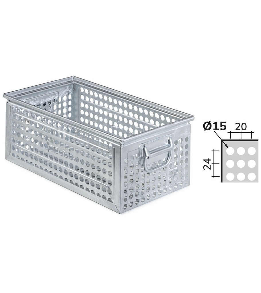 [FLA65170A99] Cassetta metallica forata con maniglie, mis. 272-4, ⌀ foro 15 mm,  L480 x P315 x H200 mm