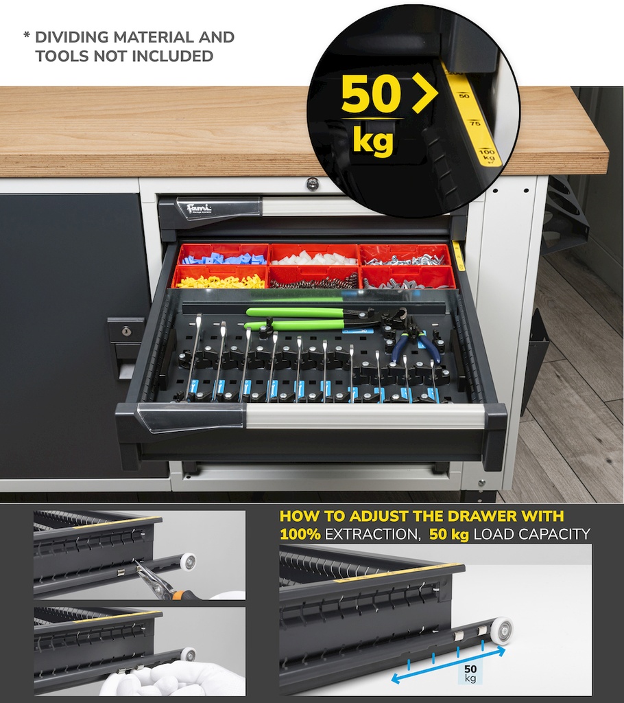 Armadio con ruote con 5 cassetti 4x100 1x200 Master – H 922 mm – Grigio chiaro (RAL 7035) – foto 6