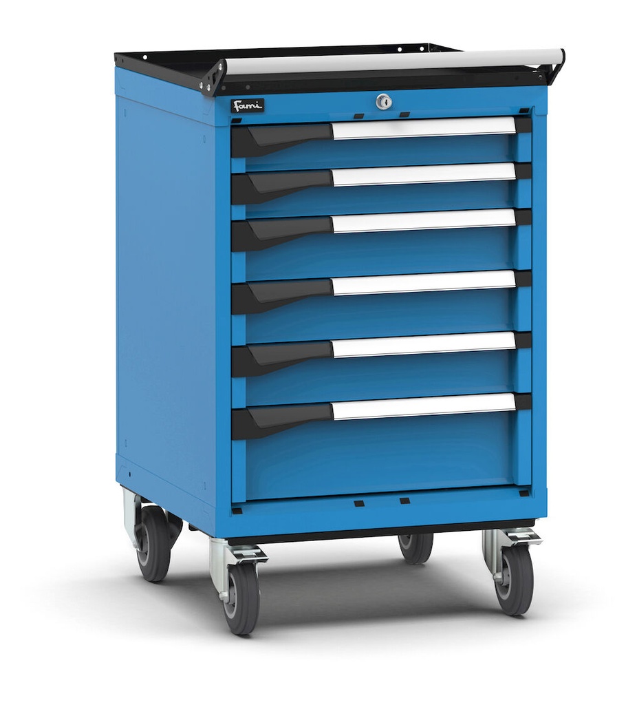 [M22R070C0104404] Armadio con ruote con 6 cassetti 2x75 3x100 1x150 Master – H 922 mm – 571 × 637 × 922 mm (27×27 EH), Blu (RAL 5012)
