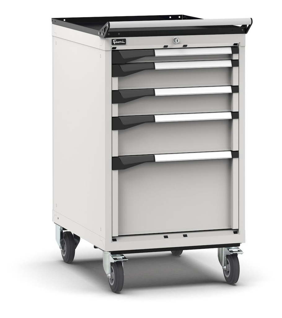 [M23R080C0105408] Armadio con ruote con 5 cassetti 1x50 2x100 1x150 1x300 Master – H 1022 mm – Grigio chiaro (RAL 7035)