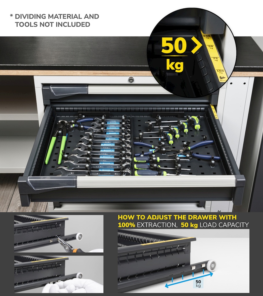Cassettiera Master con 7 cassetti 2xPR 2x75 1x100 3x150 1x200 – H 2000 mm – 714 × 573 × 2000 mm (36×27 EH), Flessibile – fino a 100 kg, Blu (RAL 5012) – foto 6