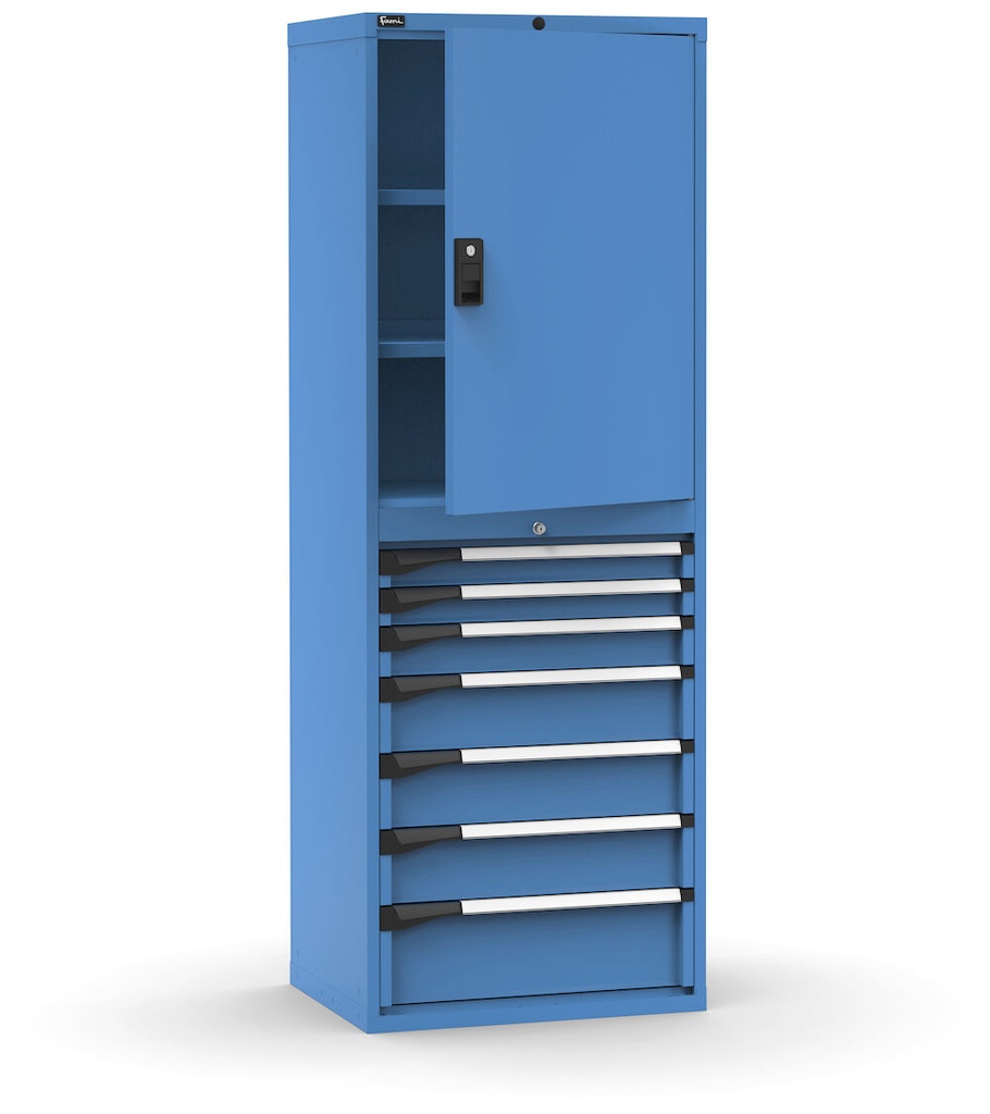 [M32A200C010TA04] Cassettiera Master con porta con 7 cassetti 2xPR 2x75 1x100 3x150 1x200 – H 2000 mm – 714 × 573 × 2000 mm (36×27 EH), Flessibile – fino a 100 kg, Blu (RAL 5012)