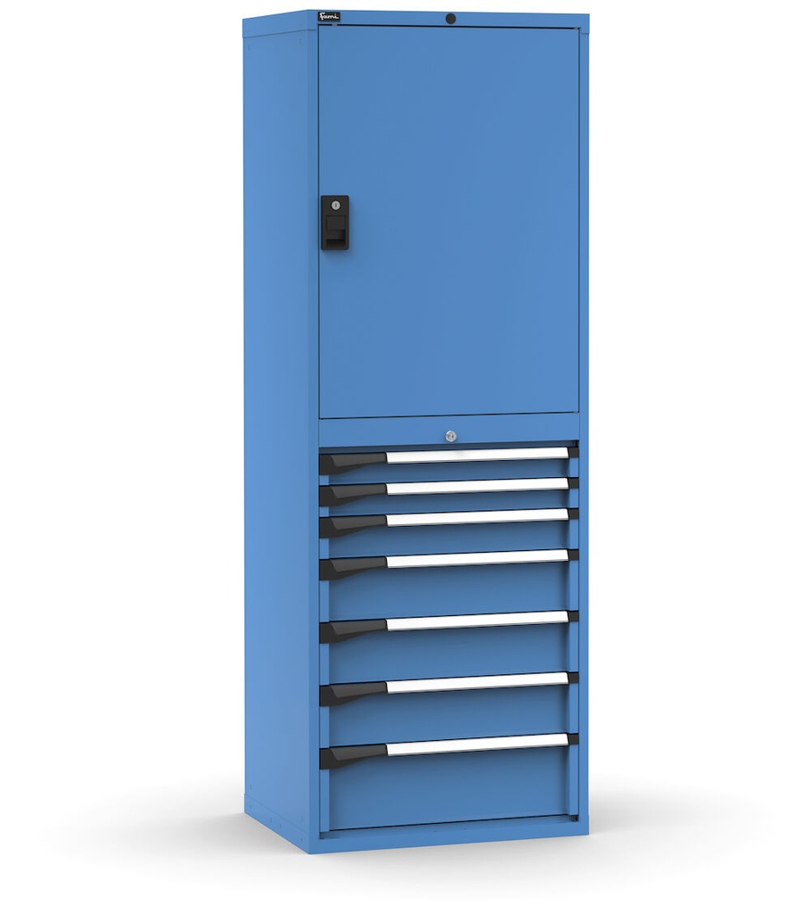 Cassettiera Master con porta con 7 cassetti 2xPR 2x75 1x100 3x150 1x200 – H 2000 mm – 714 × 573 × 2000 mm (36×27 EH), Flessibile – fino a 100 kg, Blu (RAL 5012) – foto 2