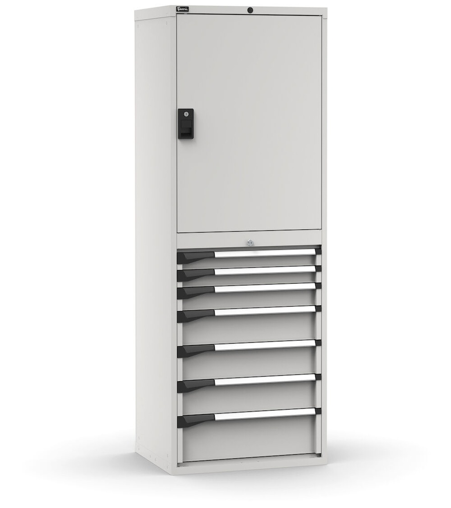 Cassettiera Master con porta con 7 cassetti 2xPR 2x75 1x100 3x150 1x200 – H 2000 mm – 714 × 573 × 2000 mm (36×27 EH), Flessibile – fino a 100 kg, Grigio chiaro (RAL 7035) – foto 2
