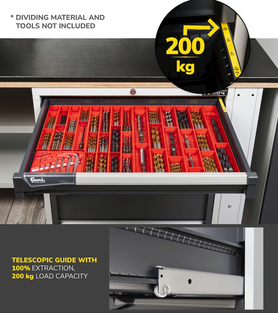 Cassettiera Master con porta con 7 cassetti 2xPR 2x75 1x100 3x150 1x200 – H 2000 mm – 714 × 573 × 2000 mm (36×27 EH), Telescopica 100% – 200 kg, Grigio chiaro (RAL 7035) – foto 4