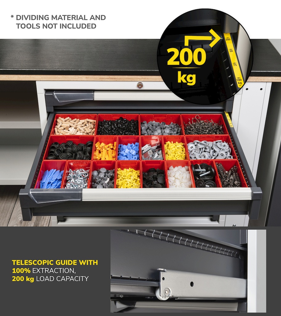 Cassettiera Master con porta con 7 cassetti 2xPR 2x75 1x100 3x150 1x200 – H 2000 mm – 714 × 573 × 2000 mm (36×27 EH), Telescopica 100% – 200 kg, Grigio chiaro (RAL 7035) – foto 5