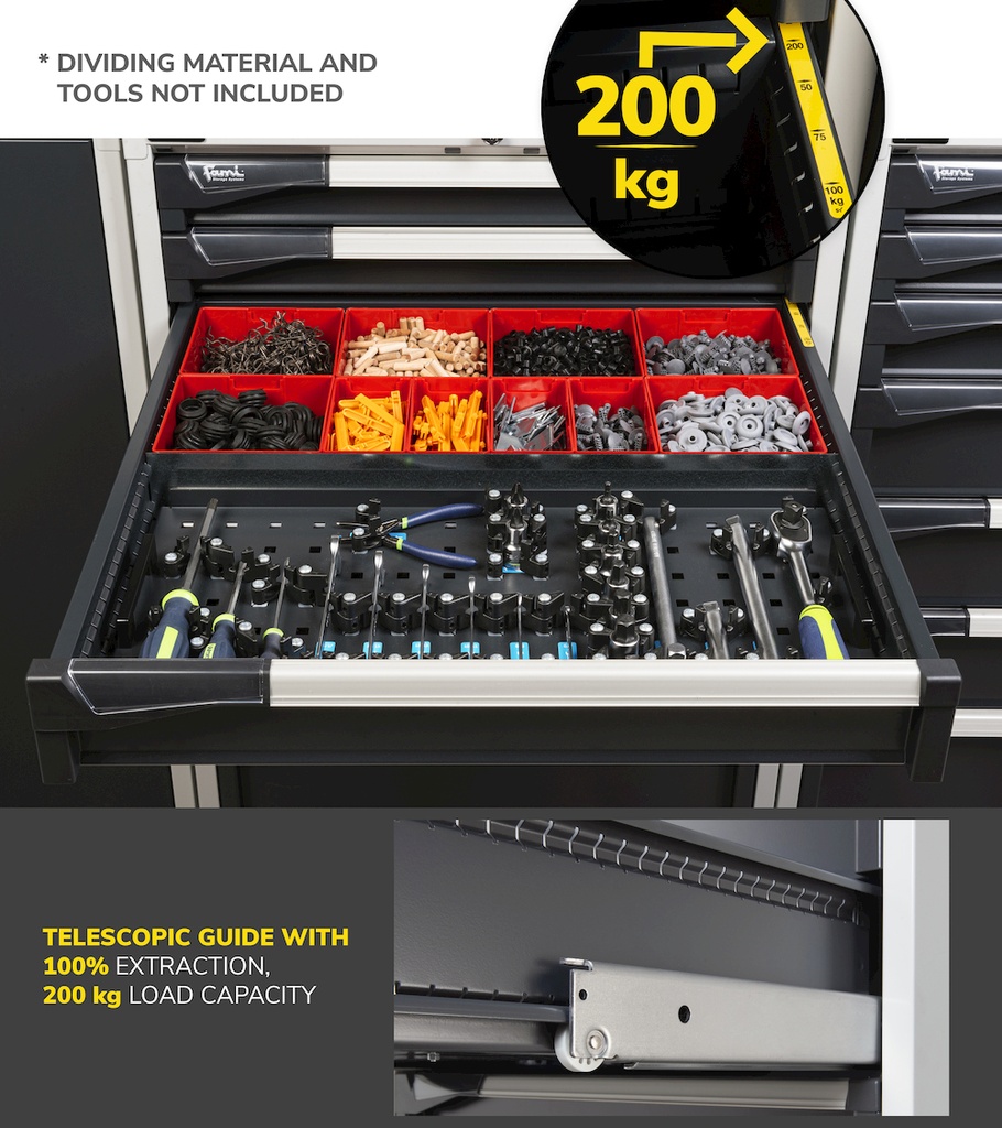 Cassettiera Master con 9 cassetti 3x100 4x150 1x200 1x300 – H 1500 mm – Telescopica 100% – 200 kg, Blu (RAL 5012) – foto 6
