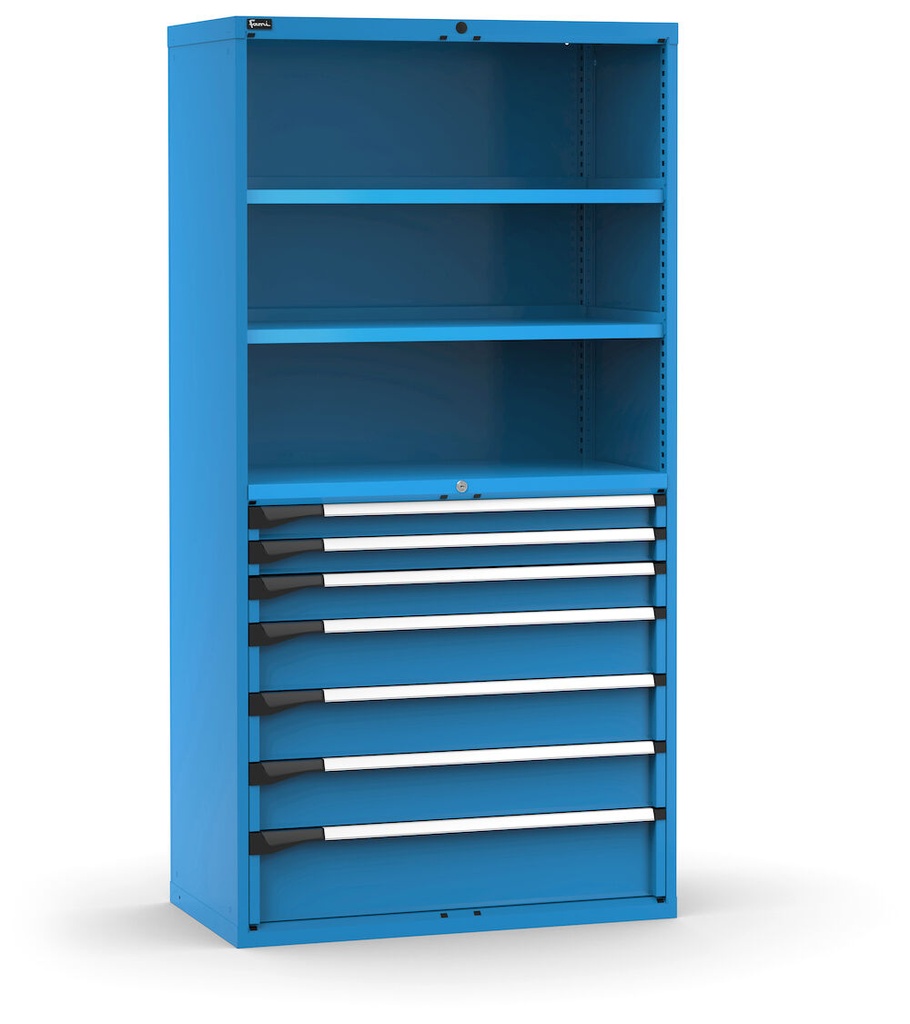 [M52A200C010FS04] Cassettiera Master con 7 cassetti 2xPR 2x75 1x100 3x150 1x200 – H 2000 mm – 1020 × 573 × 2000 mm (54×27 EH), Flessibile – fino a 100 kg, Blu (RAL 5012)