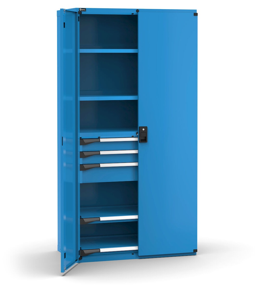 [M52A200C010FX04] Cassettiera Master con porte con 3 cassetti 2xPR 2x100 1x150 2xPE – H 2000 mm – 1020 × 573 × 2000 mm (54×27 EH), Telescopica 100% – 200 kg, Blu (RAL 5012)