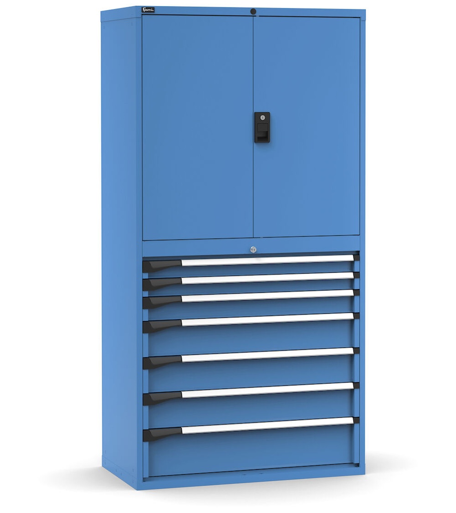 Armadio portautensili con porte a 7 cassetti, 3 piani regolabili, L1020 x P573 x H2000 mm – Blu (RAL 5012) – 1020 × 573 × 2000 mm – foto 2