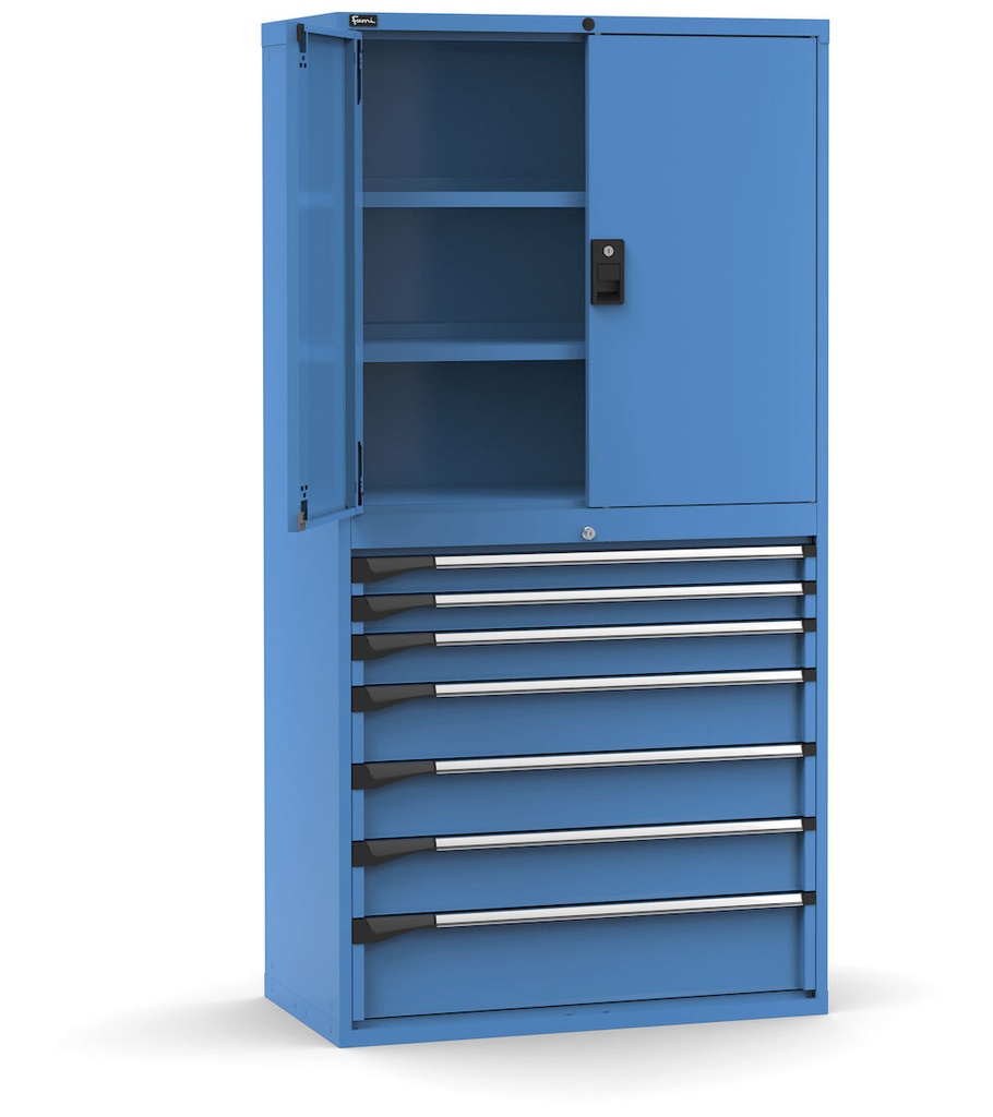 [M52A200C010TB04] Armadio portautensili con porte a 7 cassetti, 3 piani regolabili, L1020 x P573 x H2000 mm – Blu (RAL 5012) – 1020 × 573 × 2000 mm