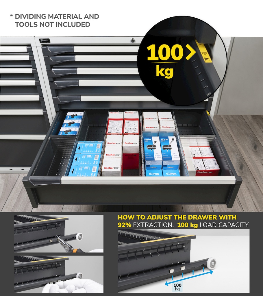 Armadio con ruote con 5 cassetti 2x75 1x100 1x150 1x200 Master – H 922 mm – 1083 × 594 × 922 mm (54×27 EH), Blu (RAL 5012) – foto 8