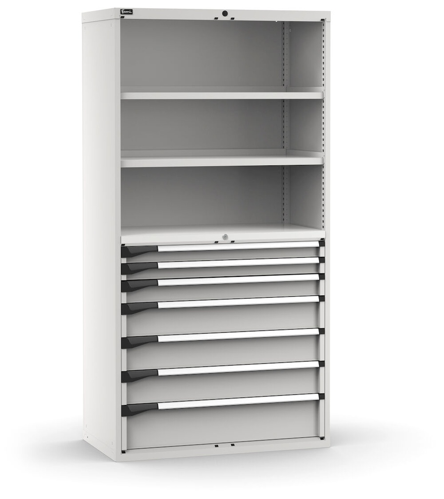 [M52A200C010FS08] Cassettiera Master con 7 cassetti 2xPR 2x75 1x100 3x150 1x200 – H 2000 mm – 1020 × 573 × 2000 mm (54×27 EH), Flessibile – fino a 100 kg, Grigio chiaro (RAL 7035)