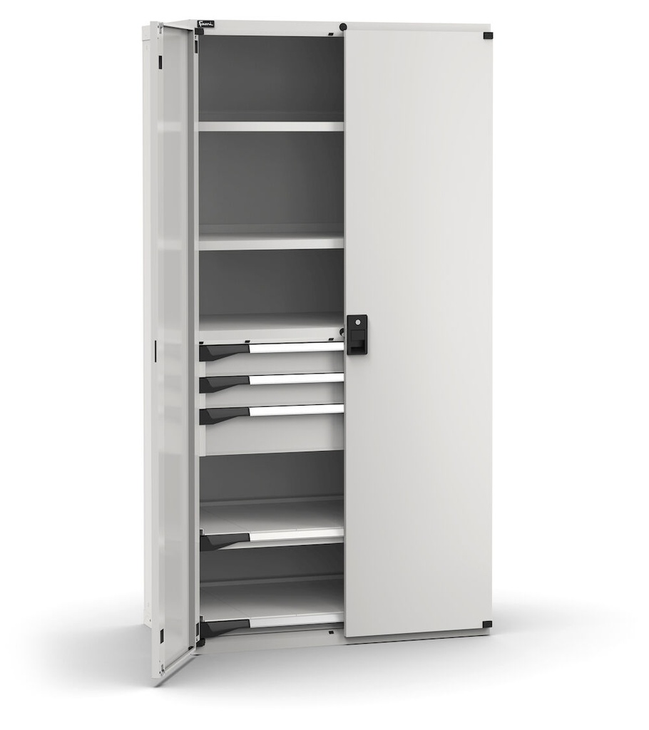 [M52A200C010FW08] Cassettiera Master con porte con 3 cassetti 2xPR 2x100 1x150 2xPE – H 2000 mm – 1020 × 573 × 2000 mm (54×27 EH), Flessibile – fino a 100 kg, Grigio chiaro (RAL 7035)