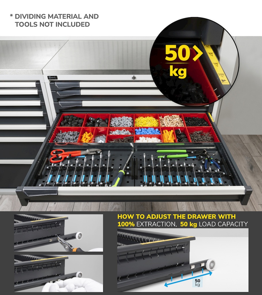 Armadio con ruote con 4 cassetti 1x100 2x150 1x200 Master – H 922 mm – Grigio chiaro (RAL 7035) – foto 5