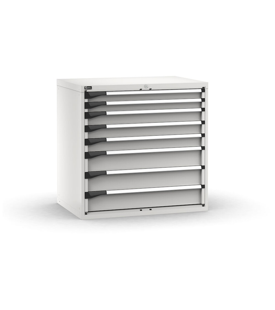 [M53A100C010DE08] Cassettiera Master con 8 cassetti 2x75 3x100 3x150 – H 1000 mm – 1020 × 726 × 1000 mm (54×36 EH), Telescopica 100% – 200 kg, Grigio chiaro (RAL 7035)