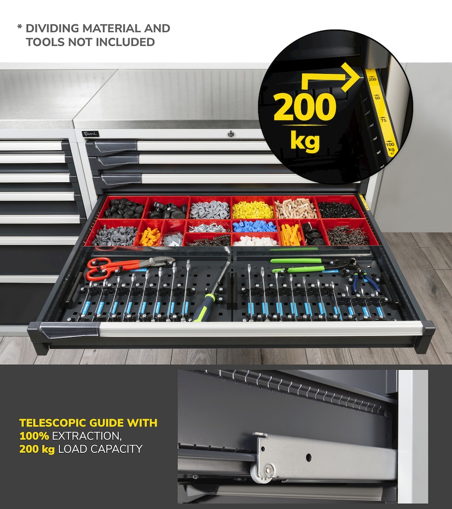 Cassettiera Master con porte con 7 cassetti 2xPR 2x75 1x100 3x150 1x200 – H 2000 mm – 64×36 EH – Grigio chiaro (RAL 7035) – foto 6