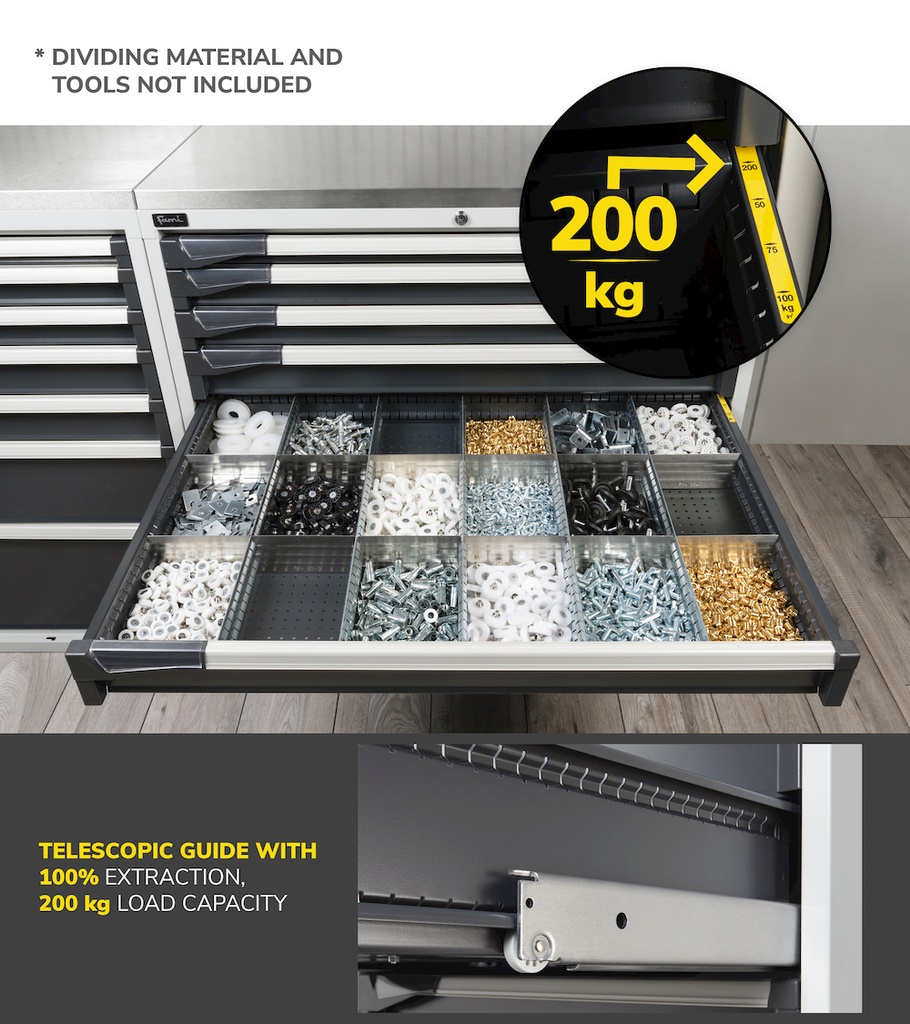 Cassettiera Master con 7 cassetti 2xPR 2x75 1x100 3x150 1x200 – H 2000 mm – 1428 × 726 × 2000 mm (78×36 EH), Telescopica 100% – 200 kg, Grigio chiaro + Grigio antracite (RAL 7035+7016) – foto 7
