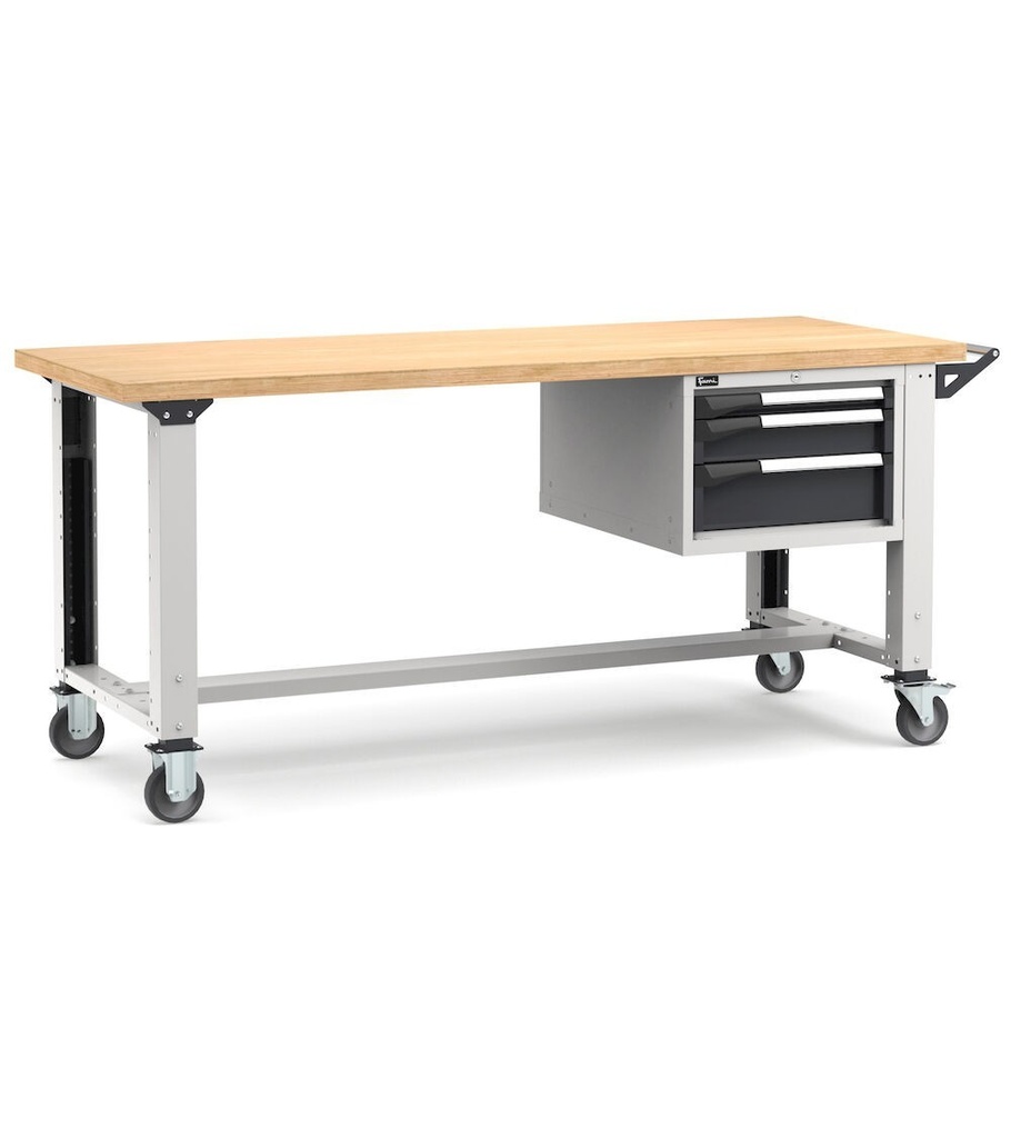 [MASTERMR2015] Banco con ruote con 3 cassetti 1x50 1x100 1x150 Work Master – H 921/1271 mm – 2000 × 750 × 921/1271 mm, Grigio chiaro + Grigio antracite (RAL 7035+7016)