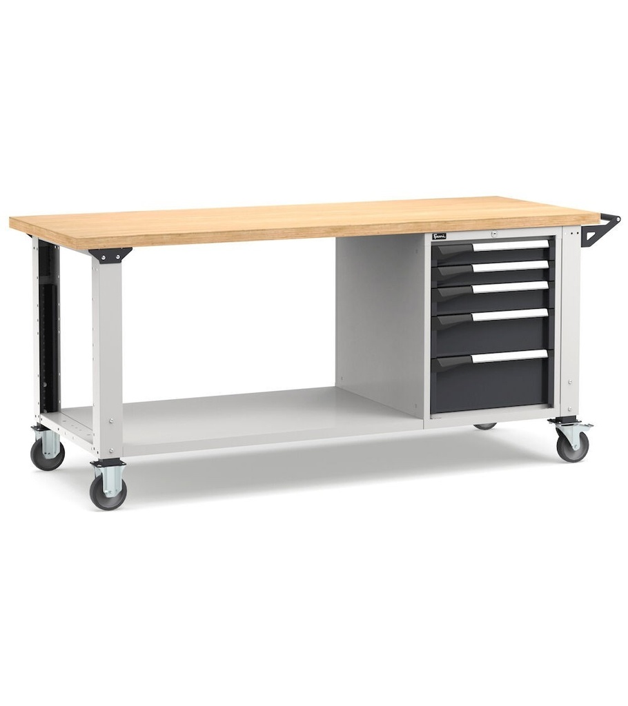 [MASTERMR2033] Banco con ruote con 5 cassetti 2x75 1x100 1x150 1x200 Work Master – H 921/1271 mm – 2000 × 750 × 921/1271 mm, Grigio chiaro + Grigio antracite (RAL 7035+7016)