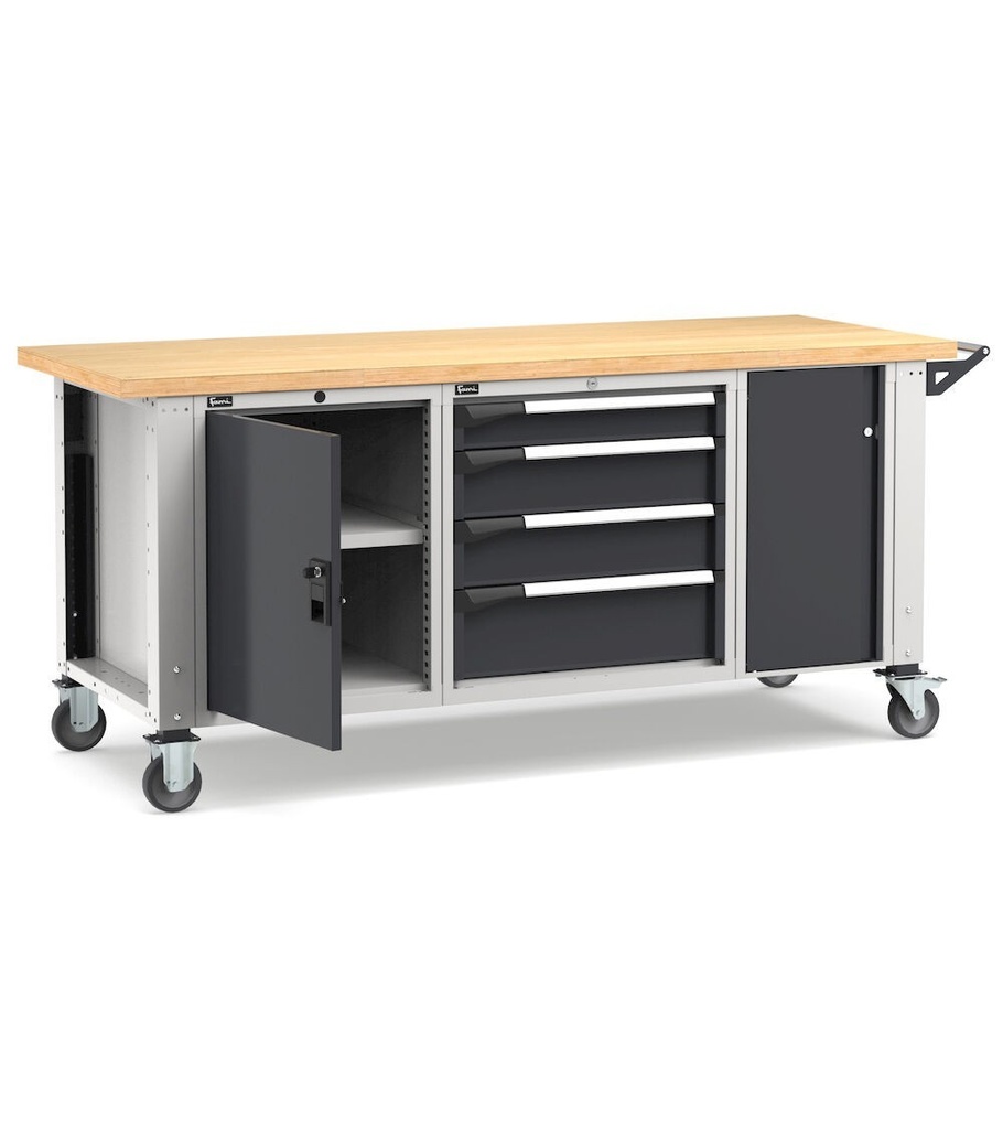 Banco professionale con ruote, 4 cassetti, anta, ripiano regolabile e morsa, 200 cm, grigio e antracite – foto 2