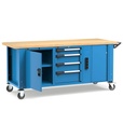 Banco professionale con ruote, 4 cassetti,  anta, ripiano regolabile, morsa e allacciamenti, 200 cm, blu e antracite – foto 2