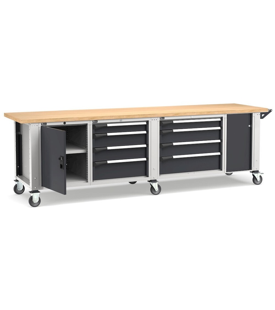 Banco professionale con ruote, 8 cassetti, porta, ripiano regolabile e morsa, 300 cm, grigio e antracite – foto 2