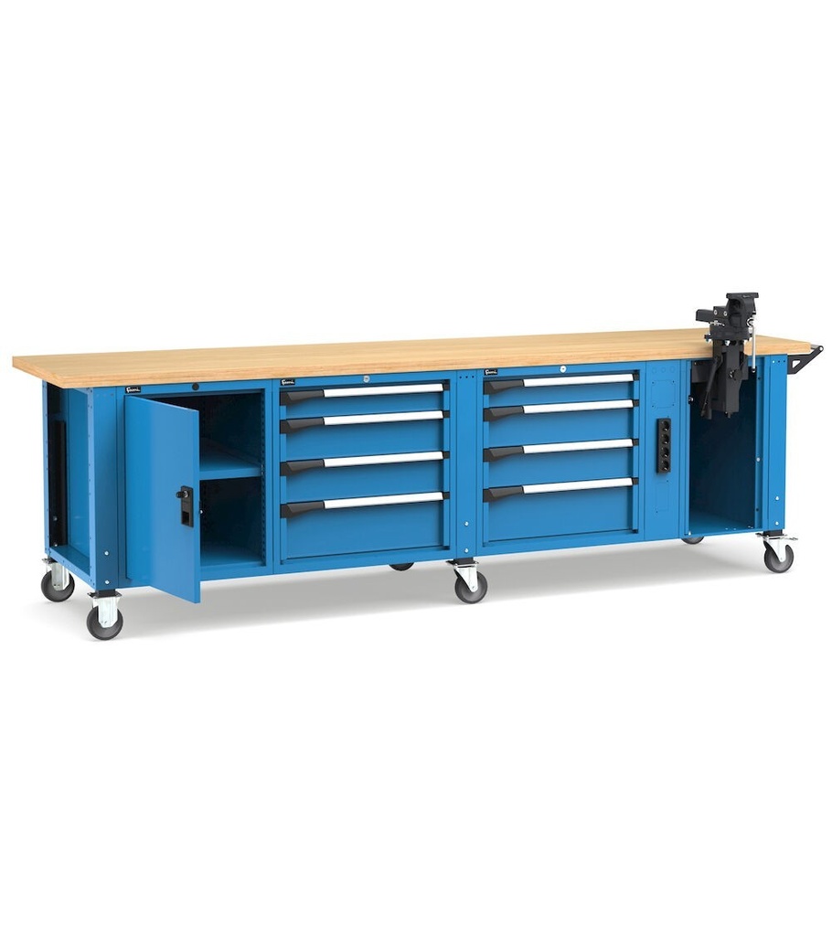 [MASTERMR3072] Banco professionale con ruote, 8 cassetti,  porta, ripiano regolabile, morsa e allacciamenti, 300 cm, blu e antracite