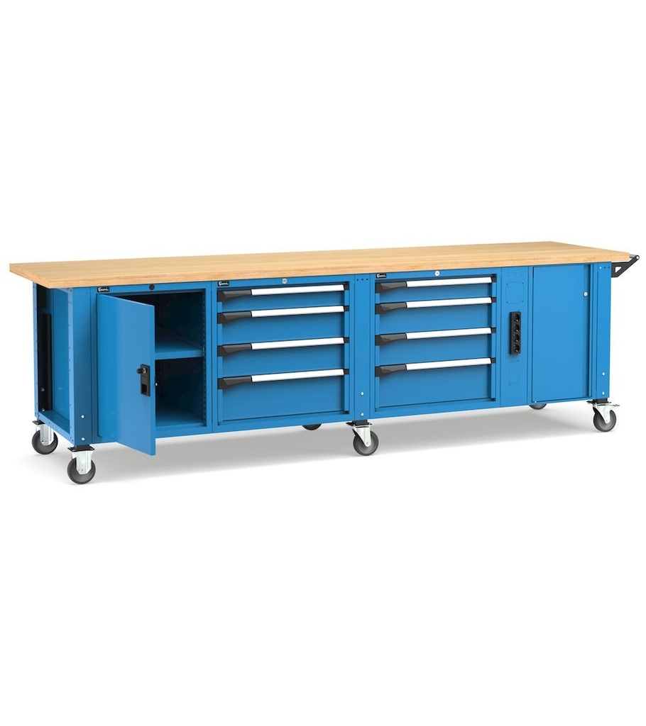 Banco professionale con ruote, 8 cassetti,  porta, ripiano regolabile, morsa e allacciamenti, 300 cm, blu e antracite – foto 2