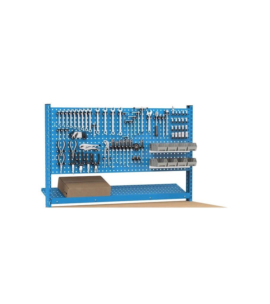 Banco da lavoro Work Master regolabile con parete porta attrezzi – 1500 × 750 × 1708/2058 mm, Blu + Grigio antracite (RAL 5012+7016) – foto 6