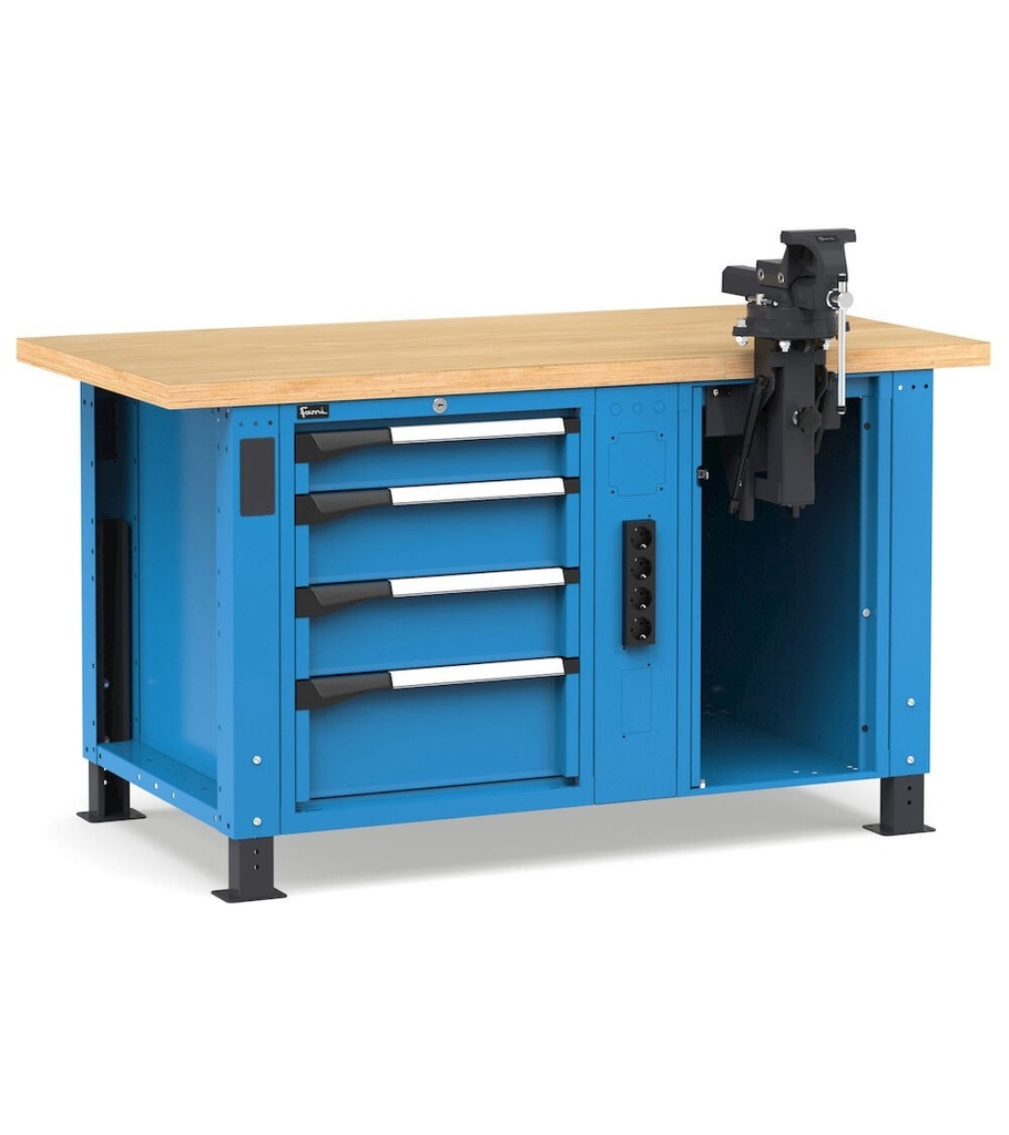 [MASTERWR1572] Banco professionale con 4 cassetti, morsa e allacciamenti, 150 cm, blu e antracite