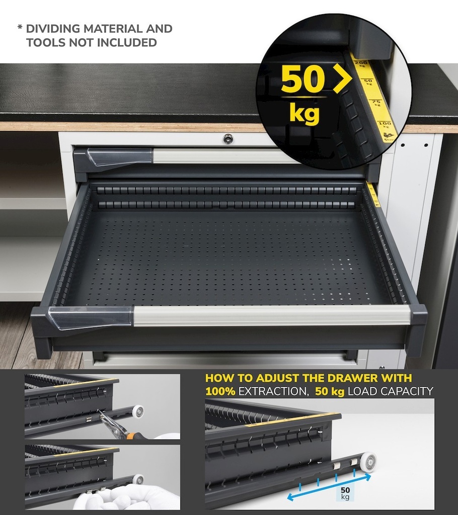 Banco Work Master BR regolabile con parete porta attrezzi, piano in multiplex 40 mm – 3000 × 750 × 1985/2310 mm – foto 10
