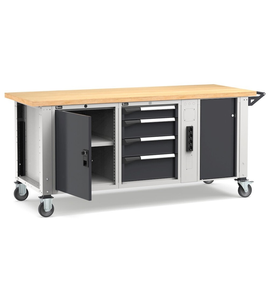Banco professionale con ruote, 4 cassetti,  anta, ripiano regolabile, morsa e allacciamenti, 200 cm, grigio e antracite – foto 2