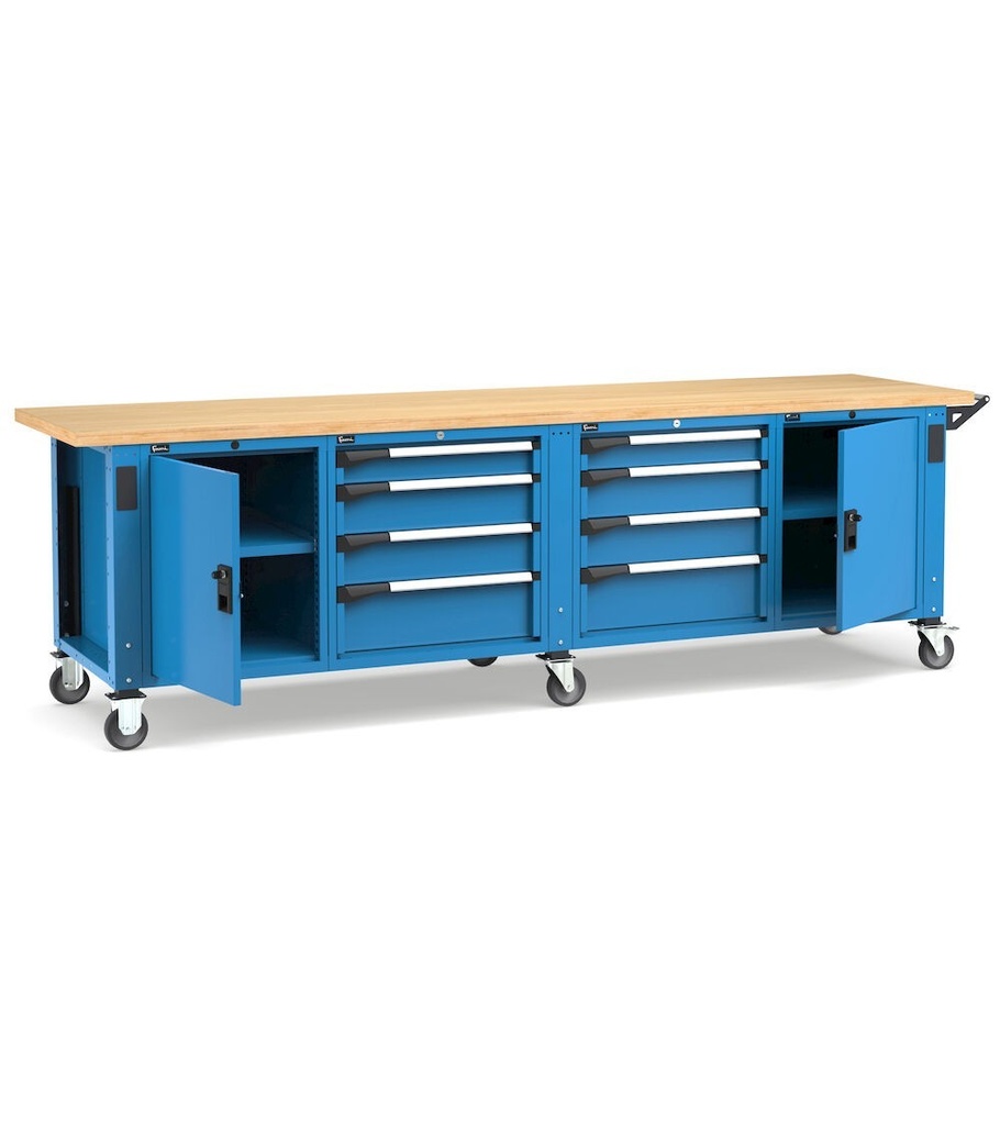 [MASTERMR3068] Banco con ruote con porte con 8 cassetti 2x100 4x150 2x200 2xPR Work Master – H 921/1271 mm – Blu + Grigio antracite (RAL 5012+7016)